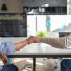 Colleagues fist bump at work